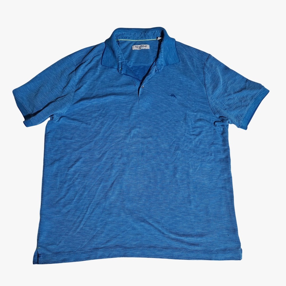 Tommy Bahama IslandZone Men XL Blue Short Sleeve Textured Polo Shirt Marlin Logo